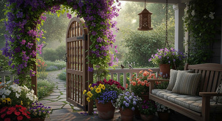 Cozy porch with a wooden swing, colorful potted flowers, and a gate surrounded by lush greenery and...