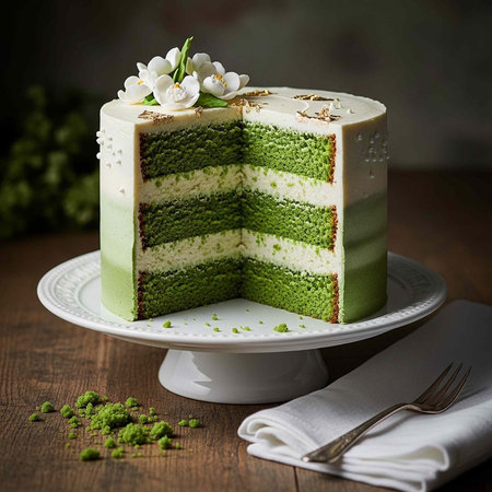A green layered cake with white frosting, sliced, on a white cake stand with flowers.