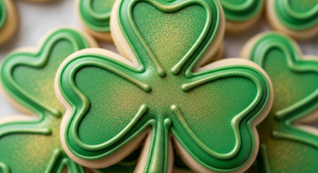 Close-up of green shamrock-shaped cookies with icing and glitter, stacked together.