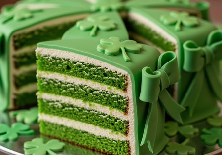 A green layered cake with shamrock decorations and ribbons on a platter with a slice cut out.
