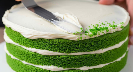 A vibrant green, three-layer cake with white frosting being smoothed on top with a spatula.