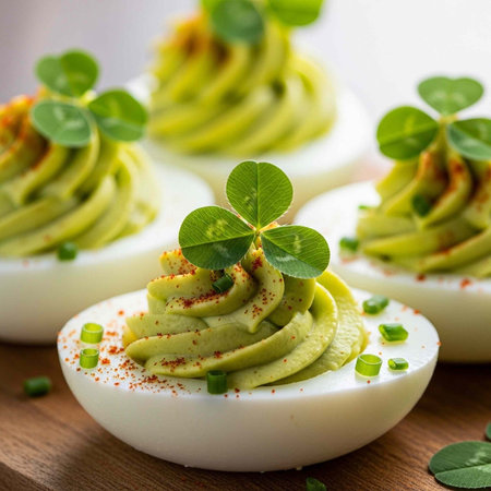 Deviled eggs topped with avocado, microgreens, and spices on a wooden surface