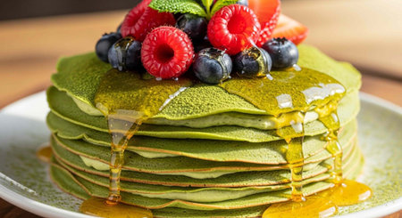 A stack of green pancakes topped with fresh berries and drizzled with syrup on a white plate