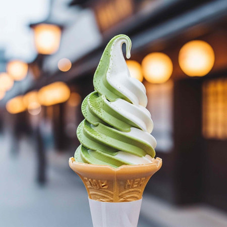 A green matcha and white vanilla swirl ice cream in a crispy wafer cone on a street