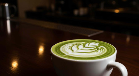 A white cup of matcha latte with a leaf design sits on a dark wooden table
