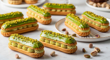 Green eclairs topped with pistachios on white plates with scattered nuts on a clean surface