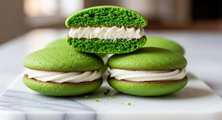 Three green macarons with white cream filling stacked on a white marble boardの写真素材