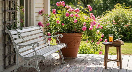 A white metal bench on a wooden porch with a large potted rose plant and a small table with a drink.