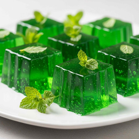 Green gelatin cubes garnished with mint leaves on a white plate