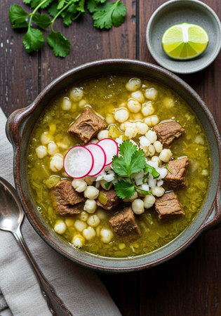 Hearty bowl of green posole soup with chunks of meat, hominy, radish, and herbs on top