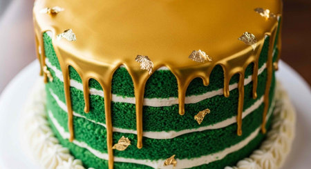 Close-up of a birthday cake with green icing and golden sprinklesの写真素材
