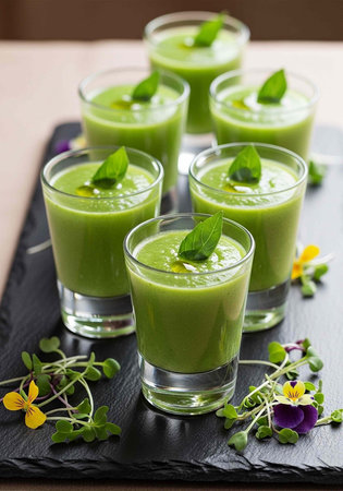 Healthy green smoothie in glasses with violets, selective focusの写真素材