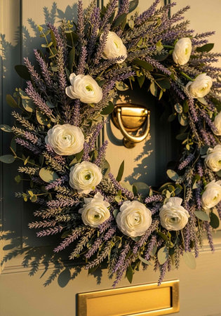 Decorative wreath with white roses and lavender on the doorの写真素材