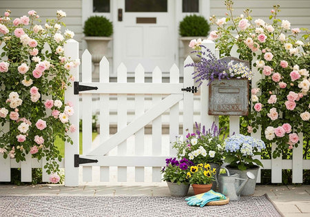 Garden tools and flowers in front of a white picket fenceの写真素材