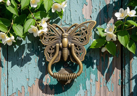 Antique door knocker with a butterfly and jasmine flowers