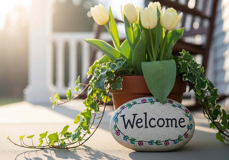 Welcome sign with white tulips in a pot on the terraceの写真素材