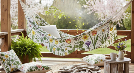 Hammock on the terrace with flowers in the garden.の写真素材