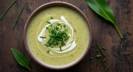 Broccoli cream soup with chives in a bowl on wooden tableの写真素材