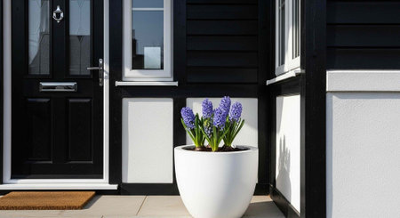 A beautiful white flower pot with purple flowers in front of a modern black and white houseの写真素材