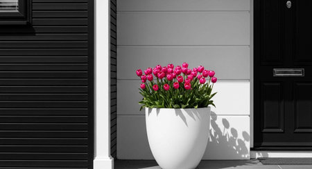 A large white planter with vibrant pink tulips sits beside a modern black front door and gray wall.の写真素材