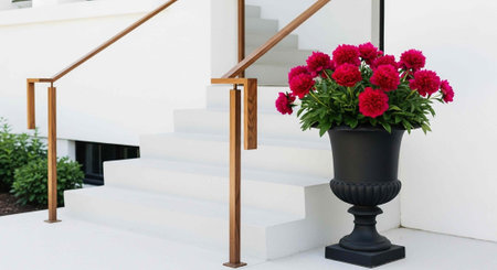 A beautiful flower pot with red flowers on the stairs of a modern houseの写真素材