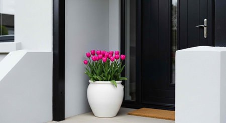 A beautiful white pot with vibrant pink tulips sits by the entrance of a modern homeの写真素材