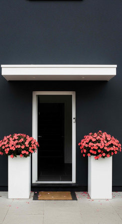 A modern house entrance with two white planters and pink flowers on either side of the doorの写真素材