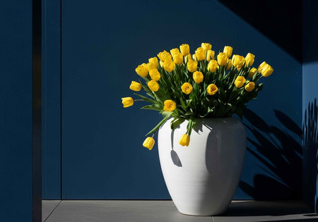A beautiful white vase filled with bright yellow tulips on a gray table against a dark blue wallの写真素材
