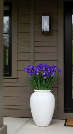 A large white vase with purple flowers sits on a porch in front of a brown houseの写真素材