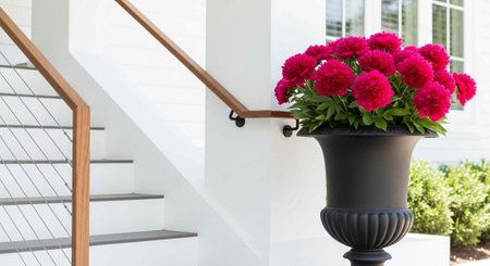 A beautiful flower pot with vibrant pink flowers on a staircase outside a modern houseの写真素材
