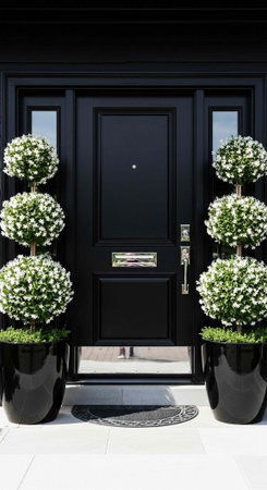 A sleek black front door with two large potted plants on either sideの写真素材