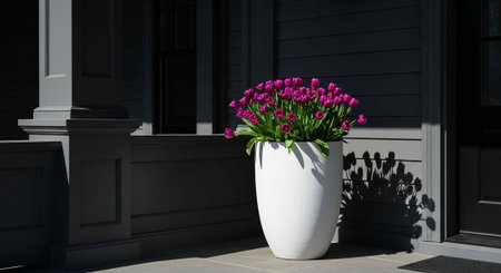 A large white planter with vibrant pink flowers sits on a porch in front of a dark gray houseの写真素材