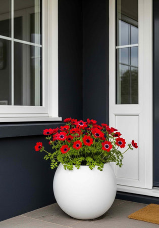 A large white pot filled with vibrant red flowers sits on a porch beside a dark blue wall with white trimの写真素材