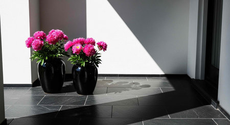 Two black vases with pink flowers on a dark tile floor in a modern room with natural lightの写真素材