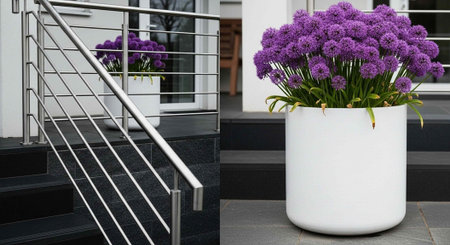 A large white planter with purple flowers sits on the steps of a modern home with a metal railingの写真素材