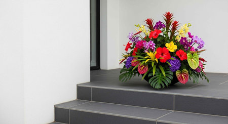 A vibrant bouquet of colorful flowers on a modern gray tiled staircase leading to a clean white...
