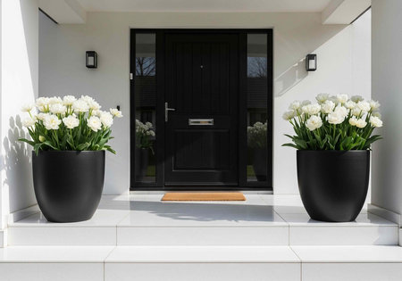 A modern house entrance with two large black planters filled with white tulips on either side of the front doorの写真素材