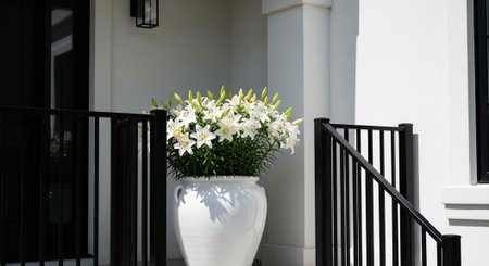A large white flower pot with white lilies on a black metal porch railing outside a house