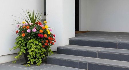 A vibrant flower arrangement in a black pot on the steps of a modern home with white walls
