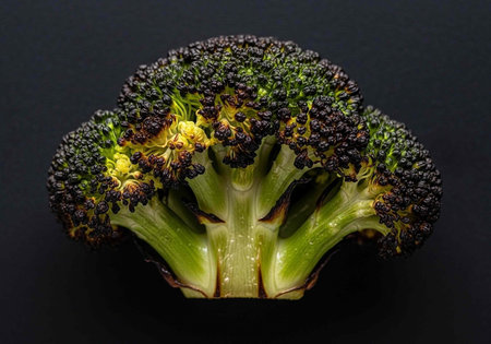 A close-up of a burnt broccoli crown on a dark backgroundの写真素材
