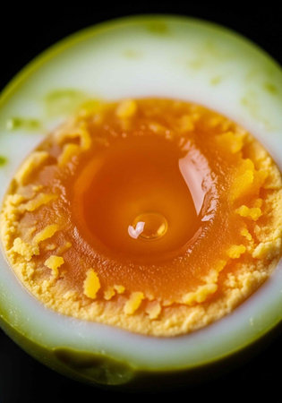 A close-up view of a soft-boiled egg with a runny yolk and white backgroundの写真素材