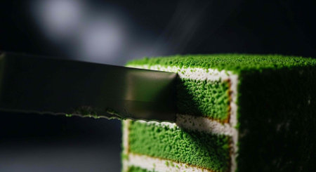 A sharp knife cutting through a green soap bar with a dark background