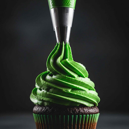 A chocolate cupcake being decorated with green frosting from a piping bagの写真素材