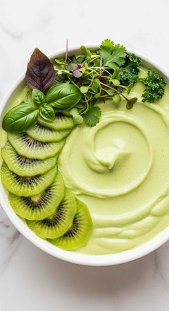 A bowl of creamy avocado soup garnished with fresh herbs and sliced kiwi on a marble countertop