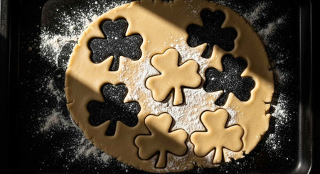 A plate of uncooked shamrock shaped cookies on a baking sheet with flour