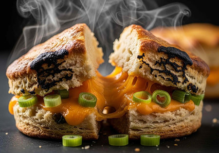 A toasted sandwich cut in half with melted cheese and green onions on a dark surface