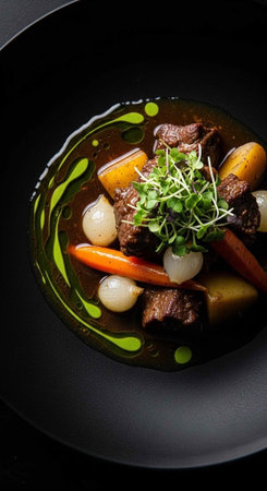 A delicious beef stew served in a black bowl with a garnish of fresh herbs and a drizzle of green...