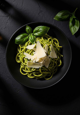 A plate of delicious green spaghetti with basil and parmesan cheese on a dark backgroundの写真素材