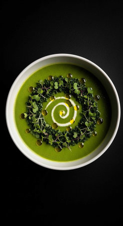 A bowl of vibrant green soup garnished with microgreens and a swirl of cream on a black background
