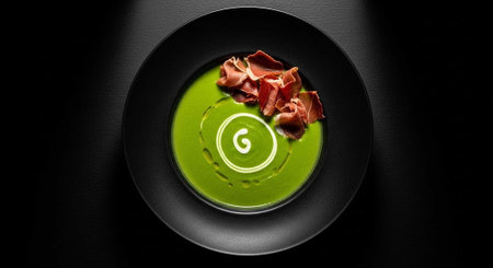A plate of vibrant green soup with prosciutto and a swirly design on top, served on a black backgroundの写真素材